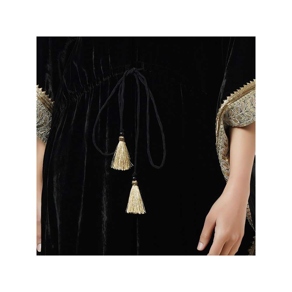 First Resort by Ramola Bachchan Black Silk Velvet Maxi Kaftan Dress with Gold Lace Detail