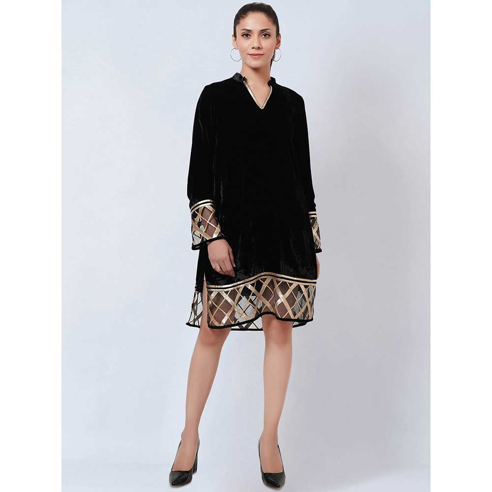 First Resort by Ramola Bachchan Black Silk Velvet Kurta with Gota Lace Detail