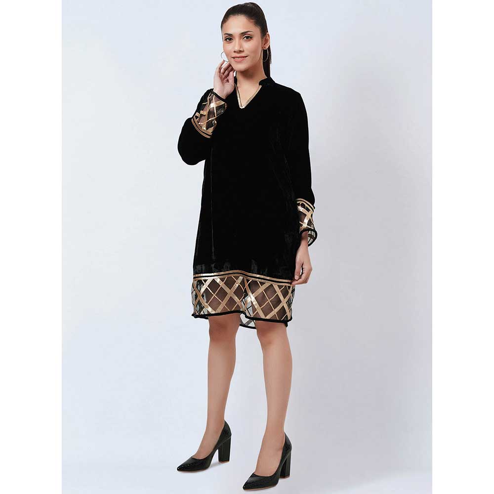First Resort by Ramola Bachchan Black Silk Velvet Kurta with Gota Lace Detail