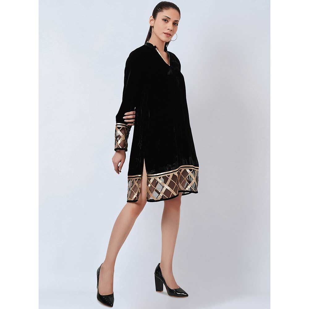 First Resort by Ramola Bachchan Black Silk Velvet Kurta with Gota Lace Detail