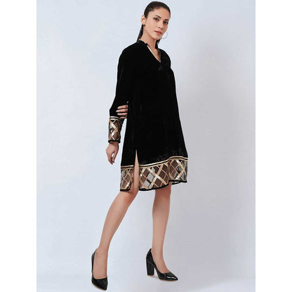 First Resort by Ramola Bachchan Black Silk Velvet Kurta with Gota Lace Detail