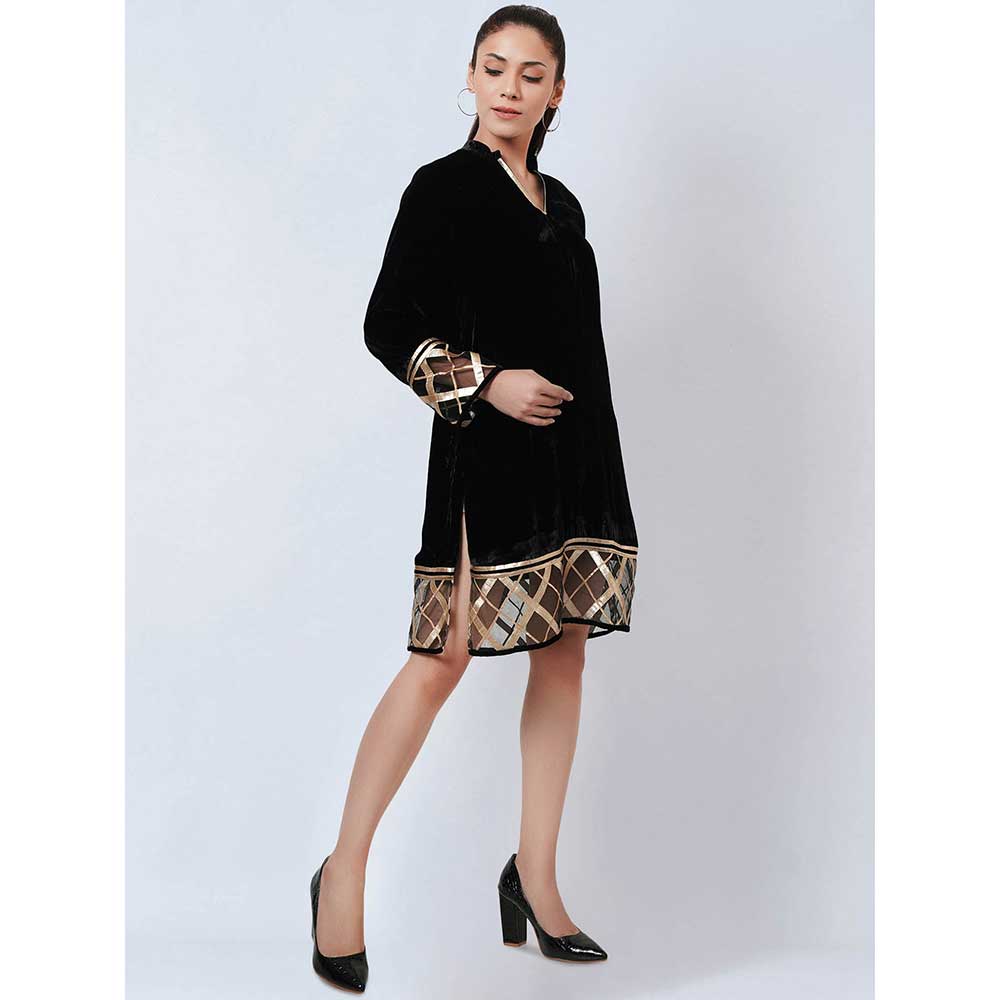 First Resort by Ramola Bachchan Black Silk Velvet Kurta with Gota Lace Detail