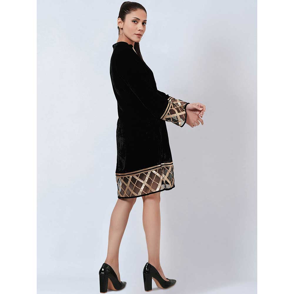 First Resort by Ramola Bachchan Black Silk Velvet Kurta with Gota Lace Detail