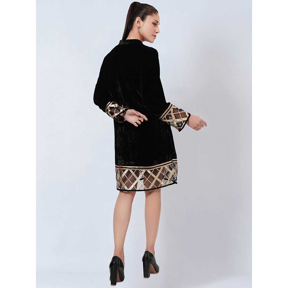 First Resort by Ramola Bachchan Black Silk Velvet Kurta with Gota Lace Detail