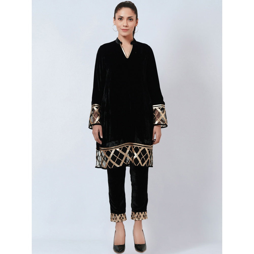 First Resort by Ramola Bachchan Black Silk Velvet Kurta & Pant with Gota Lace (Set of 2)