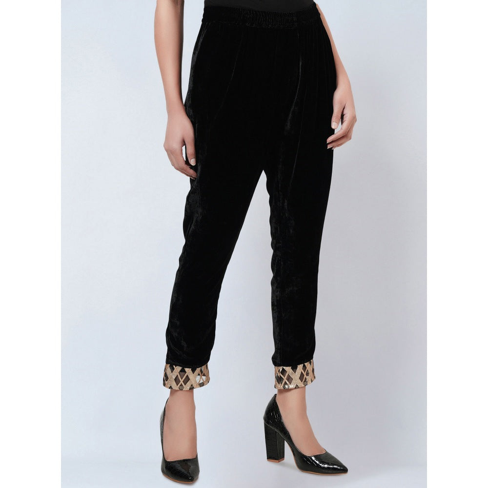 First Resort by Ramola Bachchan Black Silk Velvet Kurta & Pant with Gota Lace (Set of 2)