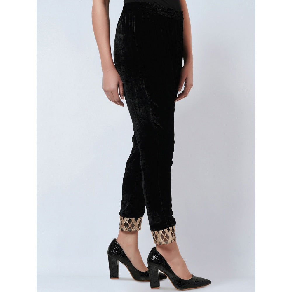 First Resort by Ramola Bachchan Black Silk Velvet Kurta & Pant with Gota Lace (Set of 2)