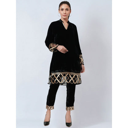 First Resort by Ramola Bachchan Black Silk Velvet Kurta & Pant with Gota Lace (Set of 2)