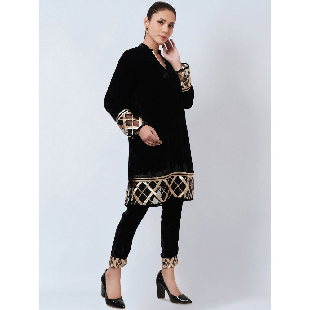 First Resort by Ramola Bachchan Black Silk Velvet Kurta & Pant with Gota Lace (Set of 2)