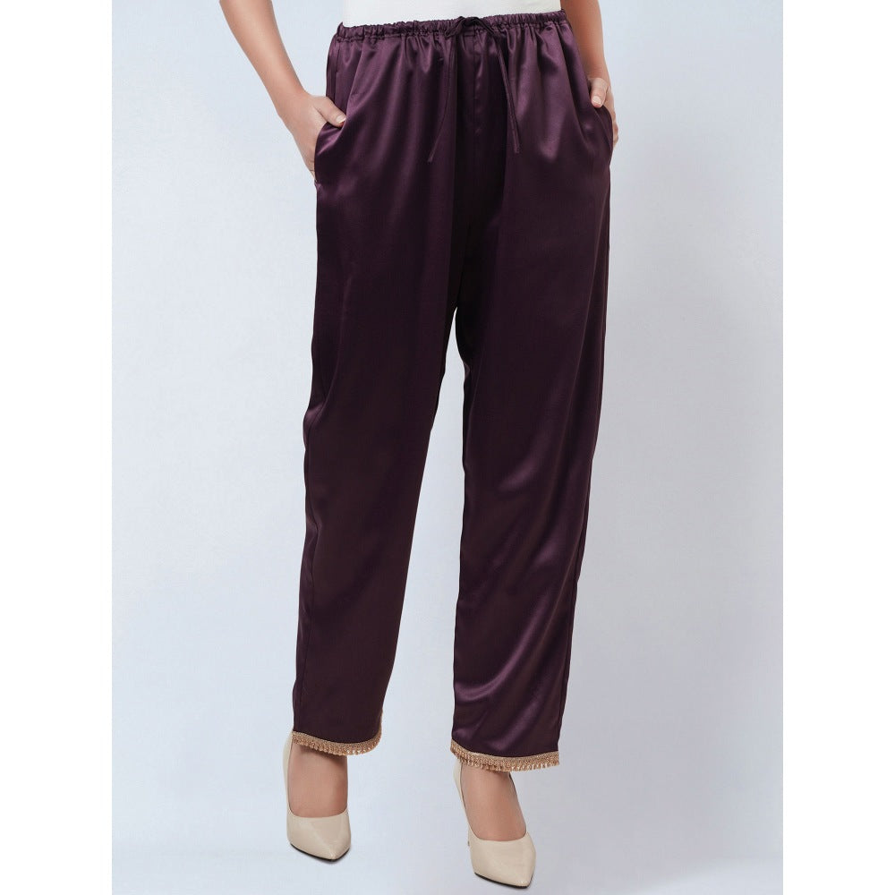 First Resort by Ramola Bachchan Purple Satin Straight Pant with Lace