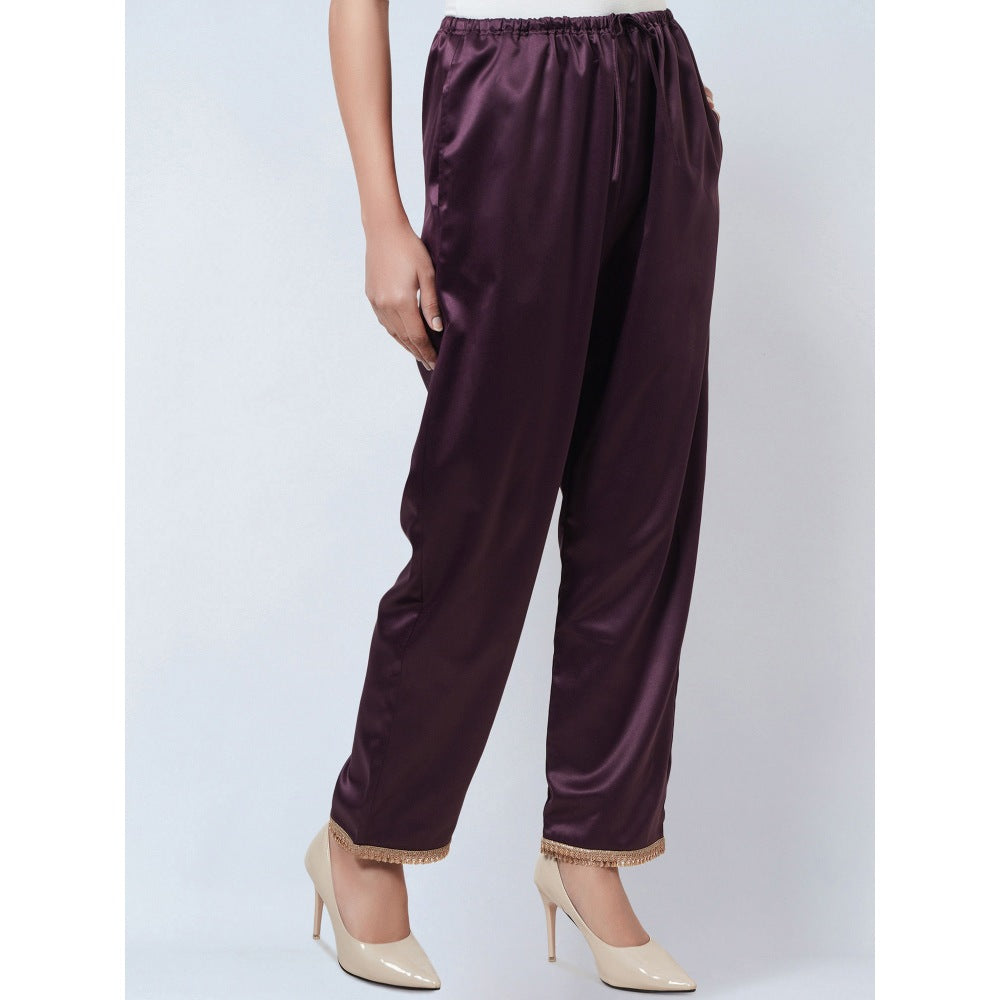 First Resort by Ramola Bachchan Purple Satin Straight Pant with Lace