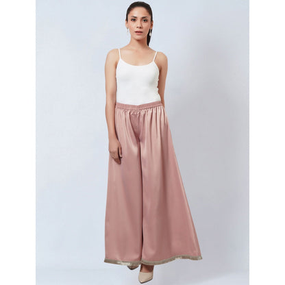 First Resort by Ramola Bachchan Powder Pink Flared Leg Palazzo with Lace