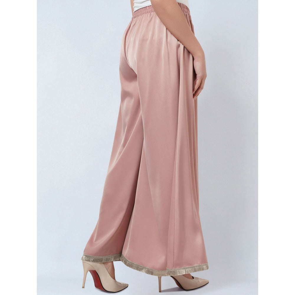 First Resort by Ramola Bachchan Powder Pink Flared Leg Palazzo with Lace