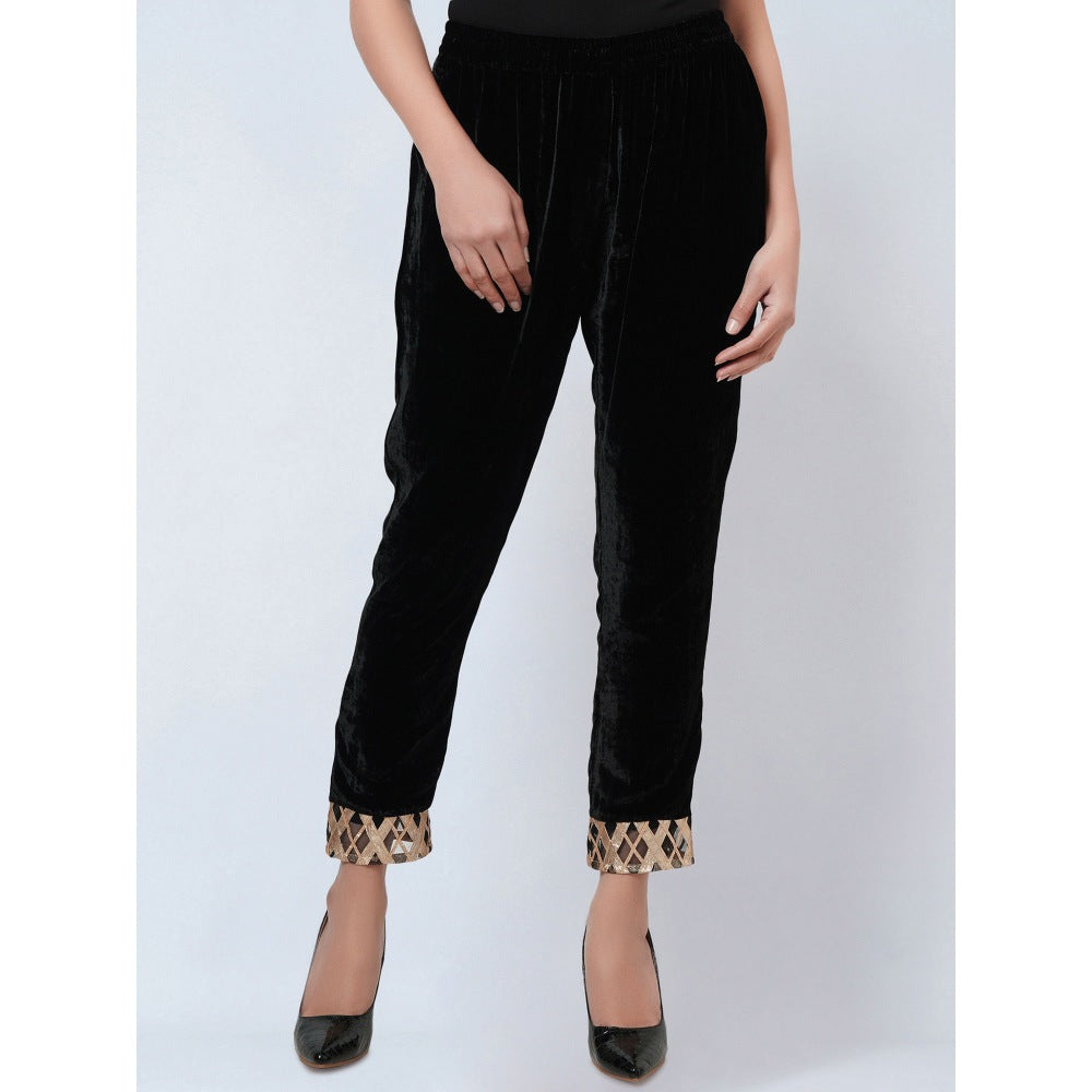 First Resort by Ramola Bachchan Black Silk Velvet Straight Pant with Gota Lace Detail