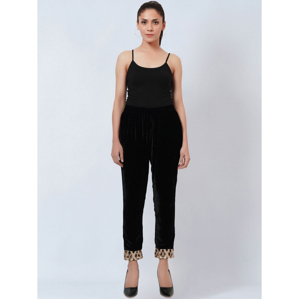 First Resort by Ramola Bachchan Black Silk Velvet Straight Pant with Gota Lace Detail