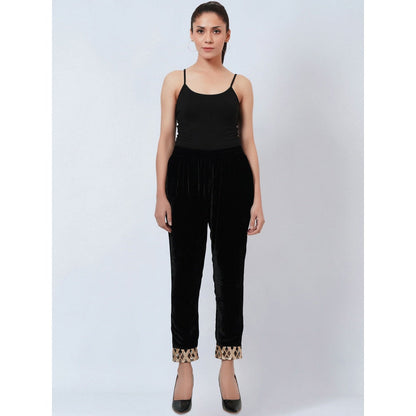 First Resort by Ramola Bachchan Black Silk Velvet Straight Pant with Gota Lace Detail