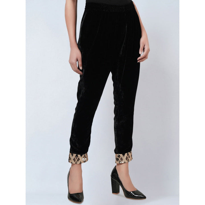 First Resort by Ramola Bachchan Black Silk Velvet Straight Pant with Gota Lace Detail