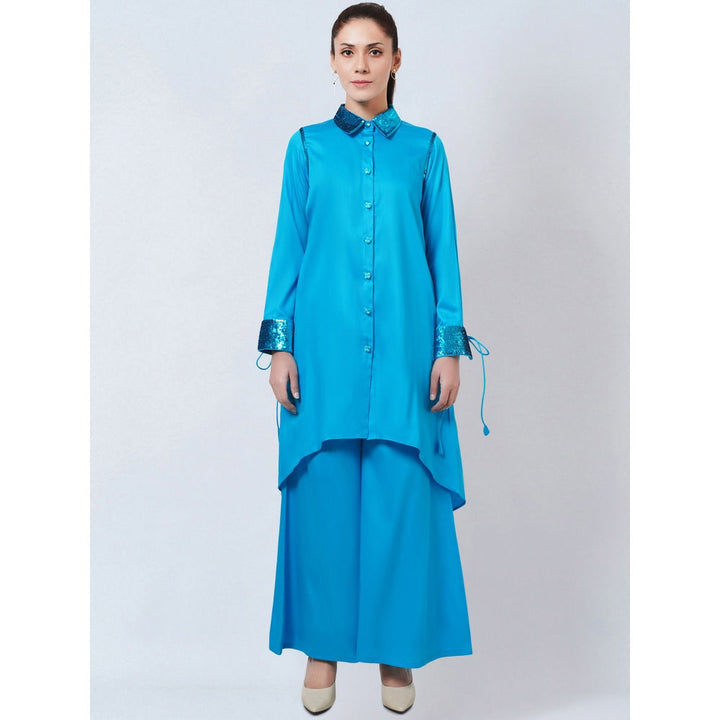 First Resort by Ramola Bachchan Blue Sequinned Shirt Dress & Palazzo Co-Ord (Set of 2)