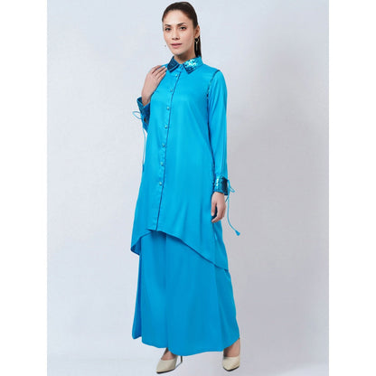 First Resort by Ramola Bachchan Blue Sequinned Shirt Dress & Palazzo Co-Ord (Set of 2)