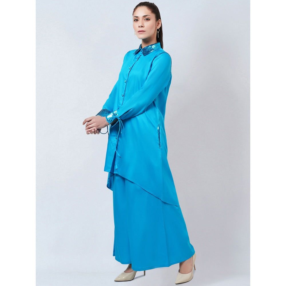 First Resort by Ramola Bachchan Blue Sequinned Shirt Dress & Palazzo Co-Ord (Set of 2)