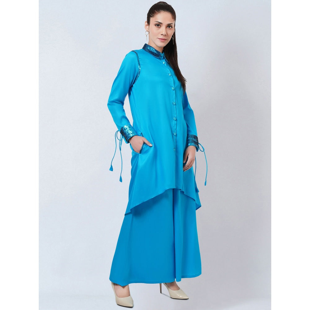 First Resort by Ramola Bachchan Blue Sequinned Shirt Dress & Palazzo Co-Ord (Set of 2)