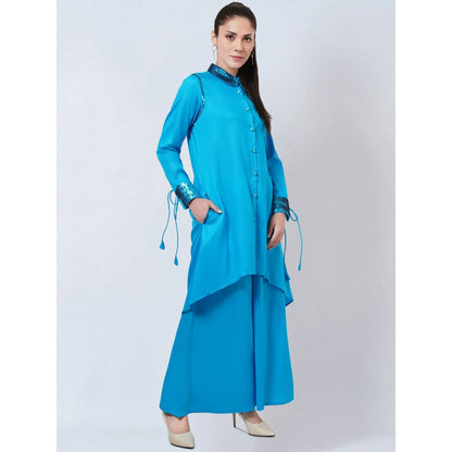 First Resort by Ramola Bachchan Blue Sequinned Shirt Dress & Palazzo Co-Ord (Set of 2)
