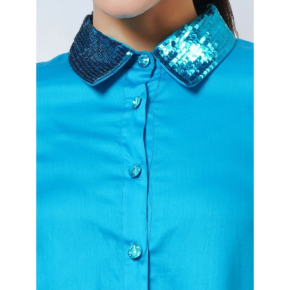 First Resort by Ramola Bachchan Blue Sequinned Shirt Dress & Palazzo Co-Ord (Set of 2)