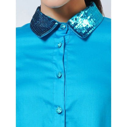 First Resort by Ramola Bachchan Blue Sequinned Shirt Dress & Palazzo Co-Ord (Set of 2)