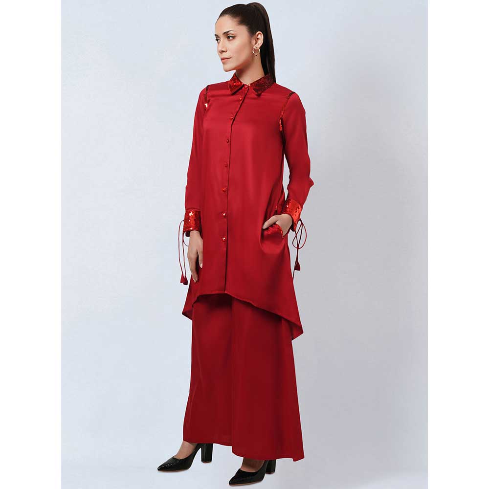 First Resort by Ramola Bachchan Red Sequinned Shirt Dress & Palazzo Co-Ord (Set of 2)