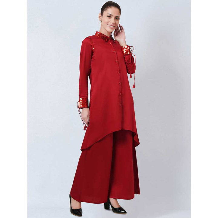 First Resort by Ramola Bachchan Red Sequinned Shirt Dress & Palazzo Co-Ord (Set of 2)