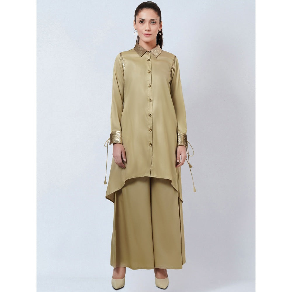 First Resort by Ramola Bachchan Beige Sequinned Shirt Dress & Palazzo Co-Ord (Set of 2)