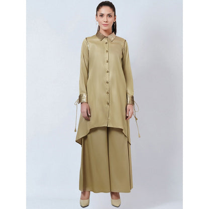 First Resort by Ramola Bachchan Beige Sequinned Shirt Dress & Palazzo Co-Ord (Set of 2)