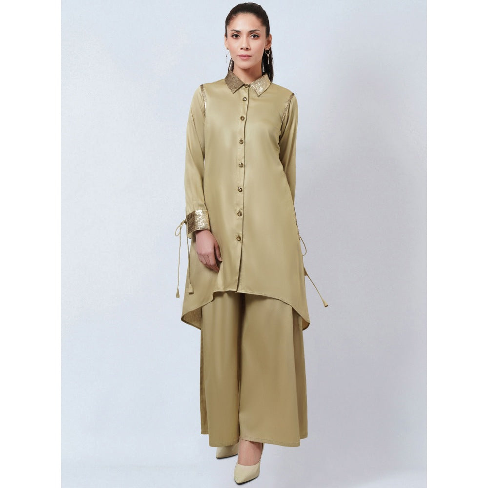 First Resort by Ramola Bachchan Beige Sequinned Shirt Dress & Palazzo Co-Ord (Set of 2)