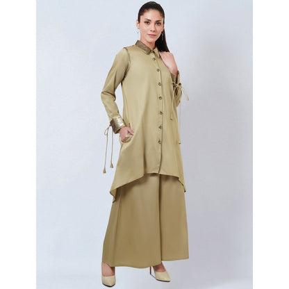 First Resort by Ramola Bachchan Beige Sequinned Shirt Dress & Palazzo Co-Ord (Set of 2)