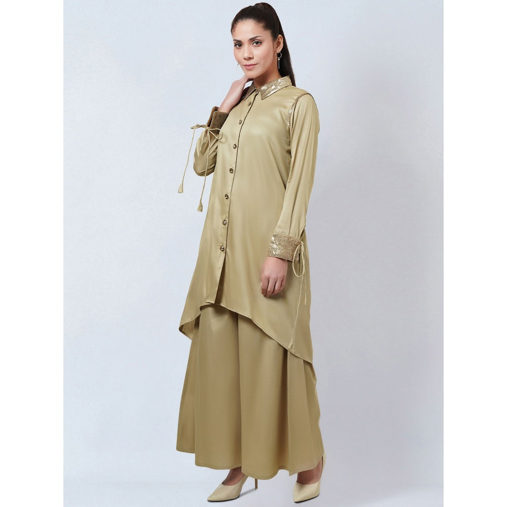 First Resort by Ramola Bachchan Beige Sequinned Shirt Dress & Palazzo Co-Ord (Set of 2)