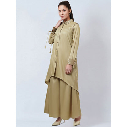 First Resort by Ramola Bachchan Beige Sequinned Shirt Dress & Palazzo Co-Ord (Set of 2)