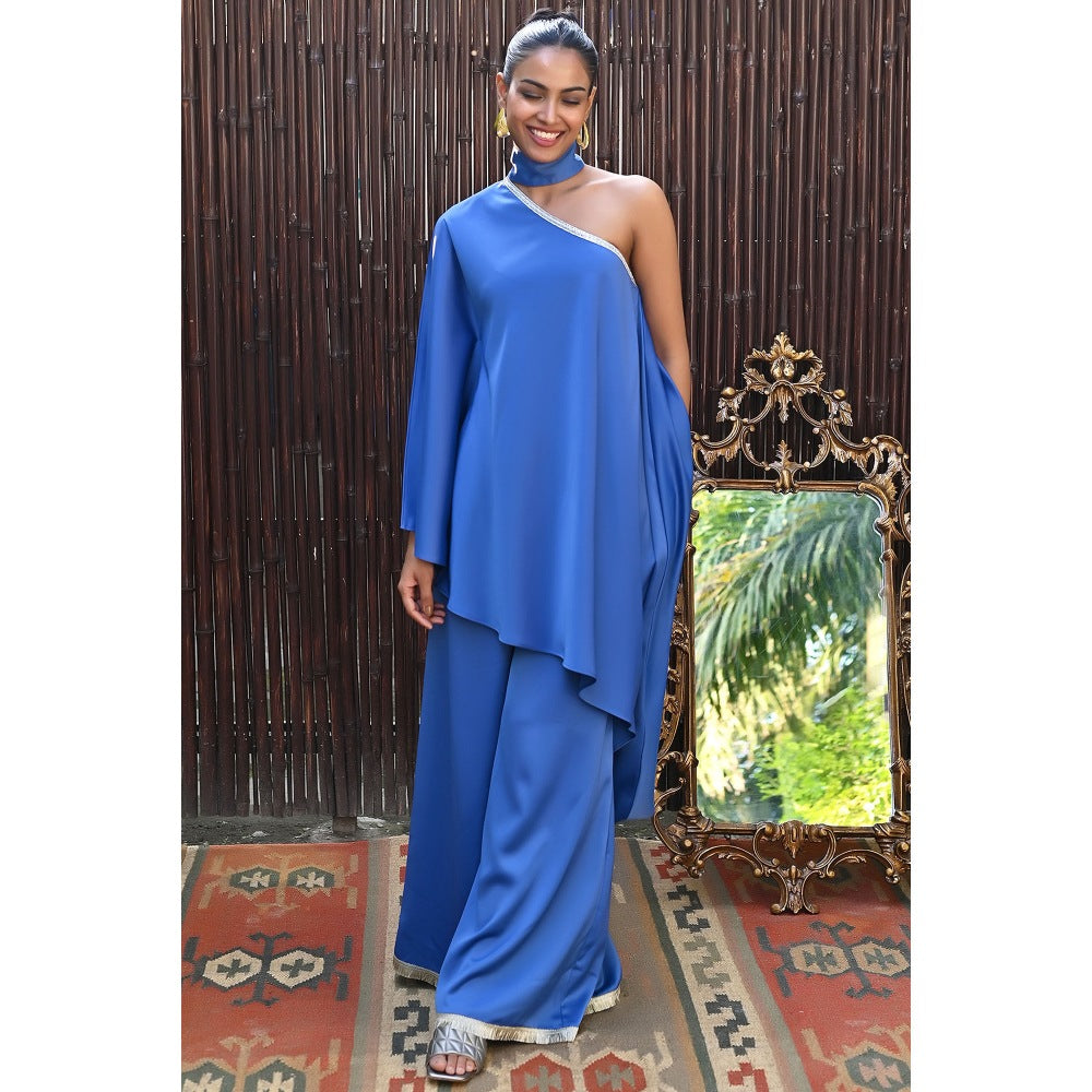 First Resort by Ramola Bachchan Azure Blue Asymmetric Top & Palazzo Co-Ord (Set of 2)