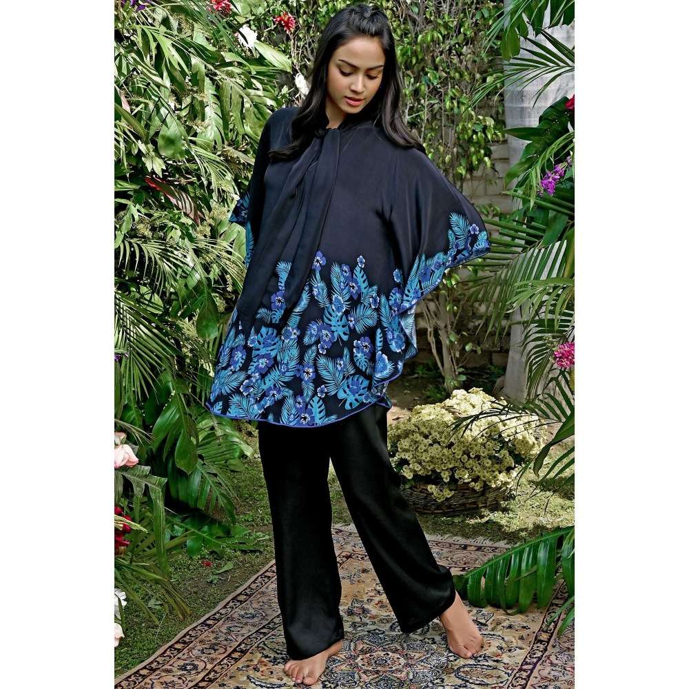 First Resort by Ramola Bachchan Black & Blue Floral Bow Tie Top & Pant Co-Ord (Set of 2)