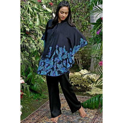 First Resort by Ramola Bachchan Black & Blue Floral Bow Tie Top & Pant Co-Ord (Set of 2)
