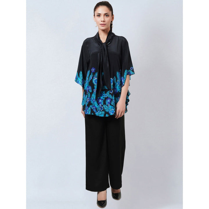First Resort by Ramola Bachchan Black & Blue Floral Bow Tie Top & Pant Co-Ord (Set of 2)