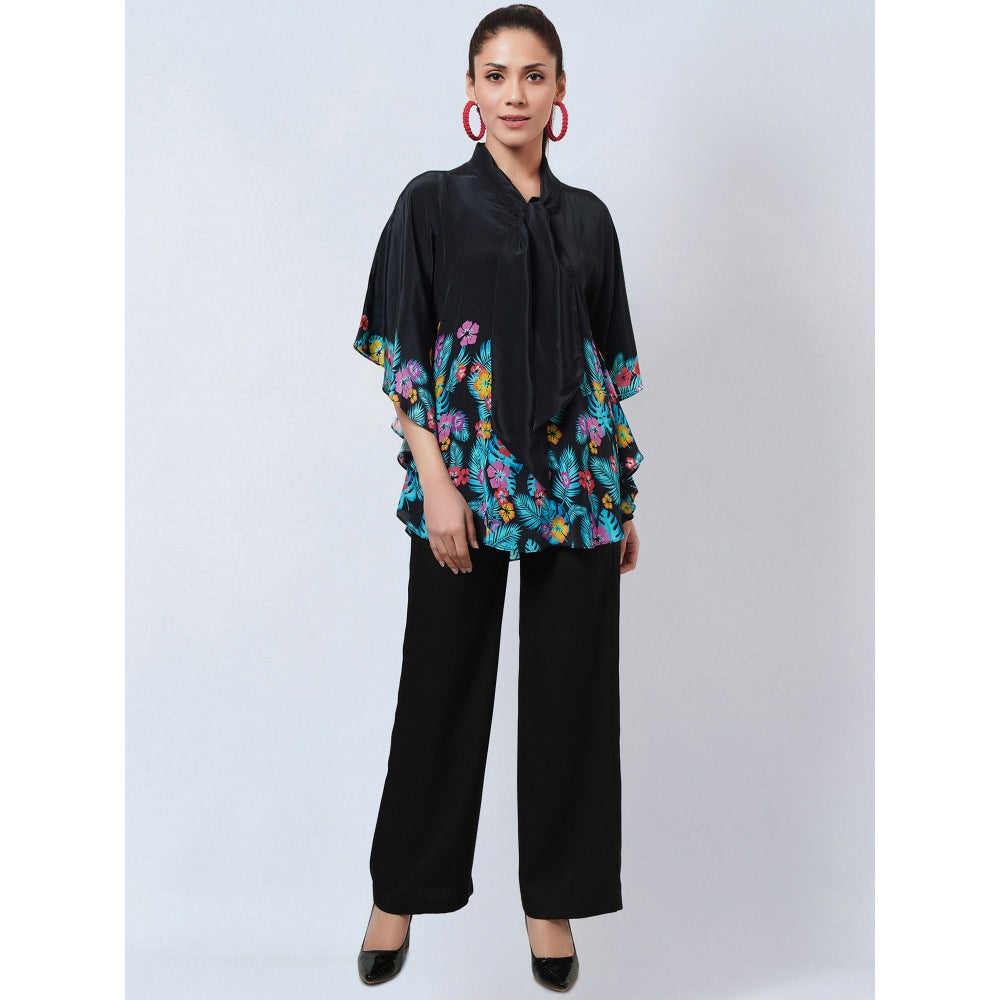 First Resort by Ramola Bachchan Black & Yellow Floral Bow Tie Top & Straight Pant (Set of 2)