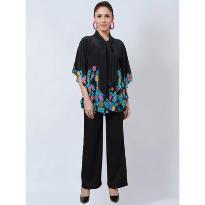 First Resort by Ramola Bachchan Black & Yellow Floral Bow Tie Top & Straight Pant (Set of 2)