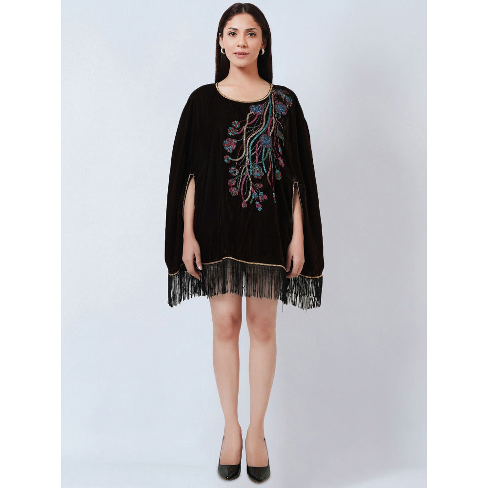 First Resort by Ramola Bachchan Dark Brown Floral Sequinned Velvet Poncho