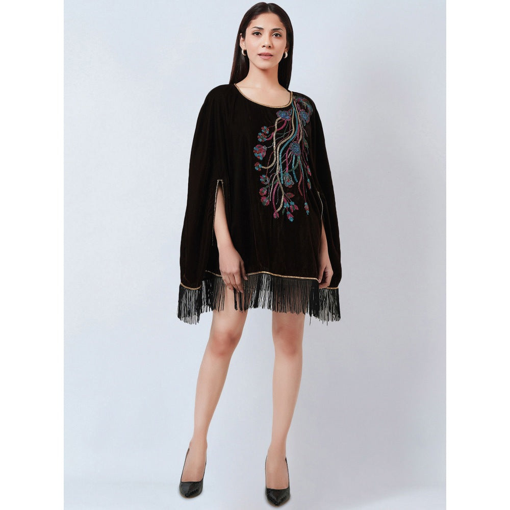 First Resort by Ramola Bachchan Dark Brown Floral Sequinned Velvet Poncho