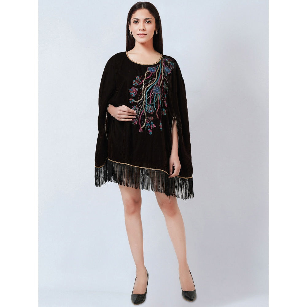 First Resort by Ramola Bachchan Dark Brown Floral Sequinned Velvet Poncho