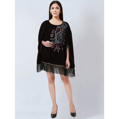 First Resort by Ramola Bachchan Dark Brown Floral Sequinned Velvet Poncho