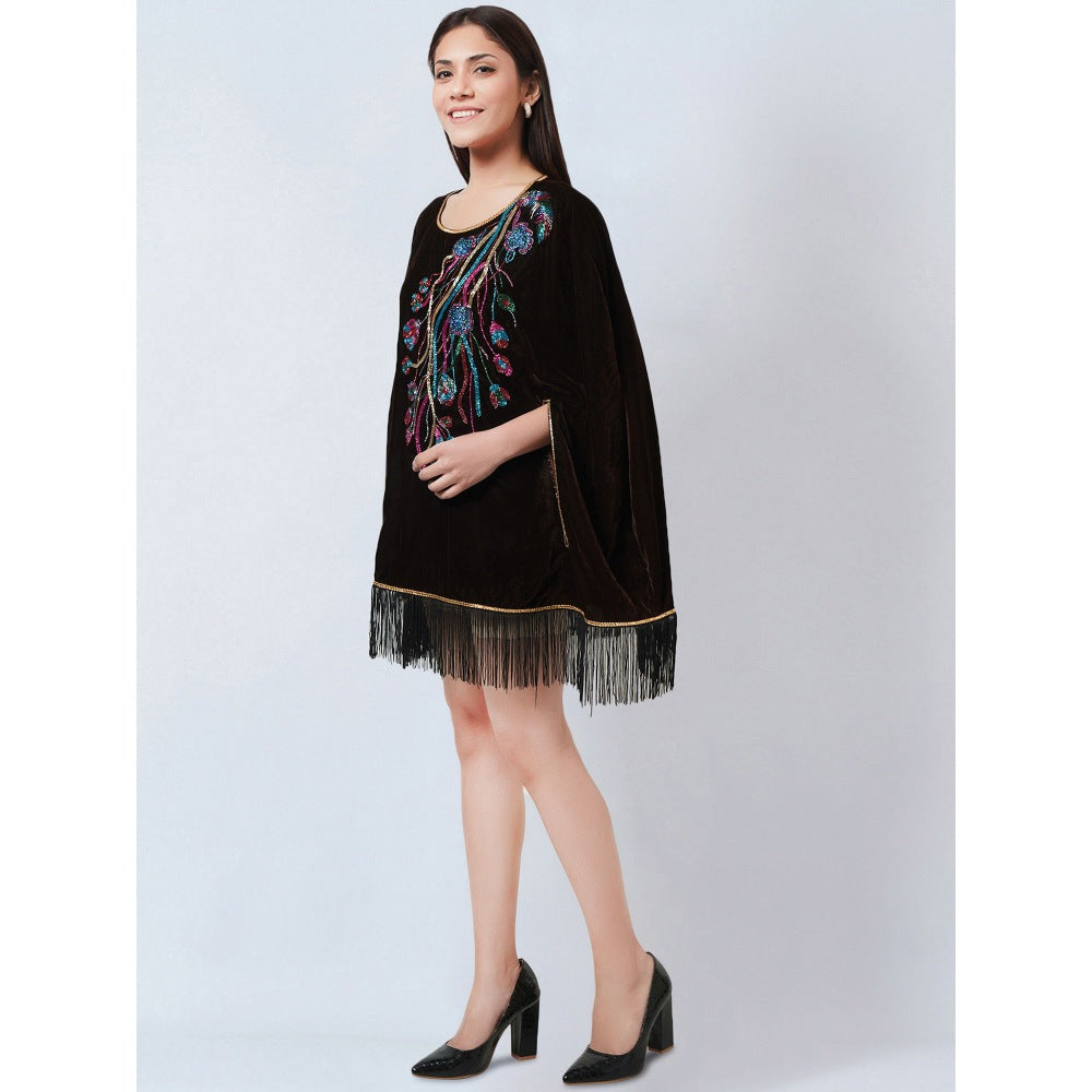 First Resort by Ramola Bachchan Dark Brown Floral Sequinned Velvet Poncho
