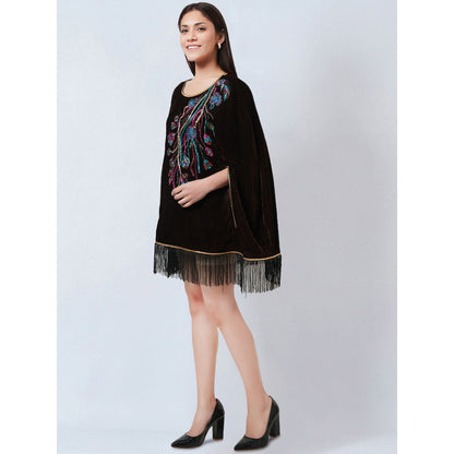 First Resort by Ramola Bachchan Dark Brown Floral Sequinned Velvet Poncho