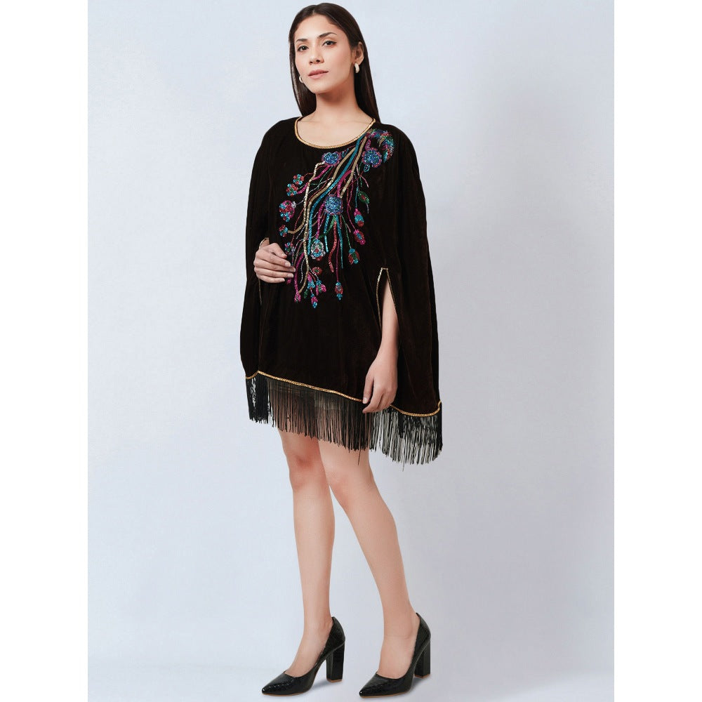 First Resort by Ramola Bachchan Dark Brown Floral Sequinned Velvet Poncho
