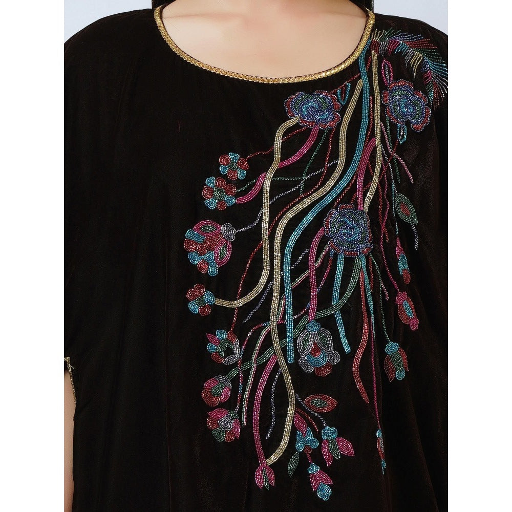 First Resort by Ramola Bachchan Dark Brown Floral Sequinned Velvet Poncho